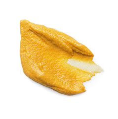 Tasty mustard isolated on white, top view. Spicy sauce