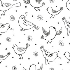 Cute hand-drawn birds pattern. Black and white vector illustration.