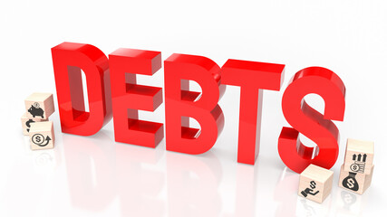 The red  debts text on white background  3d rendering