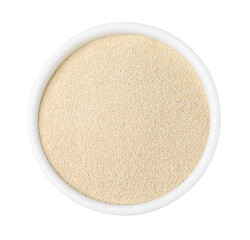 Granulated yeast in bowl on white background, top view