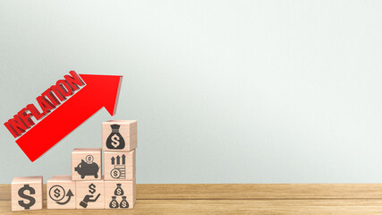 The red inflation text and business icon wood cube 3d rendering