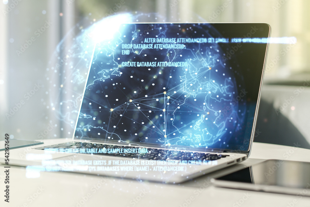 Poster double exposure of abstract creative programming illustration with world map on computer background,