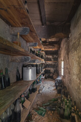 Wine storage room in the basement of an old villa in Italy