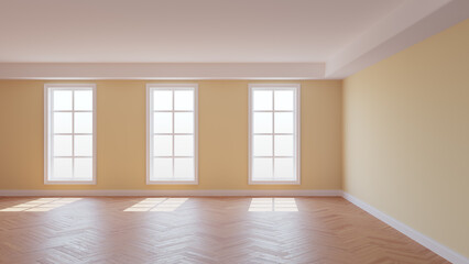Beautiful Empty Interior of the Beige Room with a White Ceiling and Cornice, Glossy Herringbone Parquet Flooring, Three Large Windows and a White Plinth. 3D illustration, 8K Ultra HD, 7680x4320