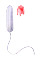 Watercolor illustration of tampon with blood stain. Hand drawn female hygienic product for periods, isolated on white