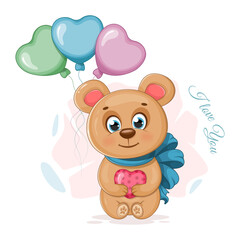 Fototapeta na wymiar Cute cartoon teddy bear with a heart and balloons
