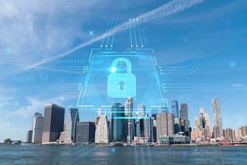 Skyline of New York City Financial Downtown Skyscrapers over East River from park, Dumbo at day time, Manhattan. The concept of cyber security to protect confidential information, padlock hologram