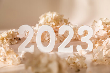 White wooden number 2023 on pastel beige background with flowers. Top view, flat lay. Happy New Year 2023.