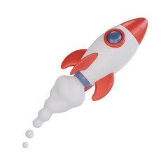3D Cartoon Rocket Toy Launching with Smoke Trail Isolated on White Background