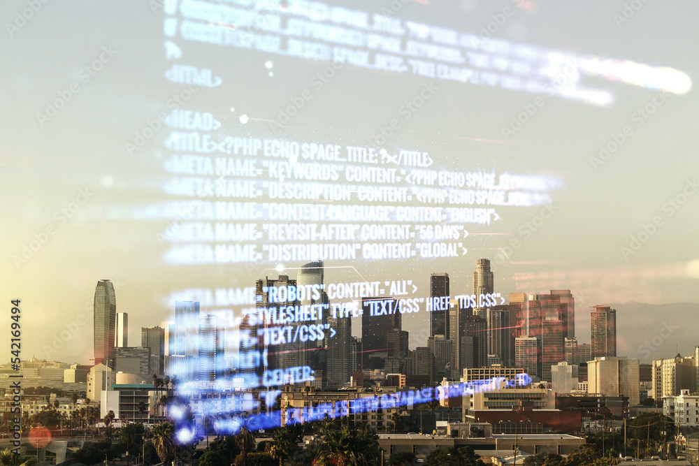 Poster double exposure of abstract creative programming illustration on los angeles office buildings backgr