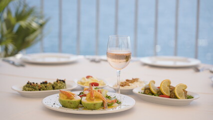 healthy sea food presentation on white table