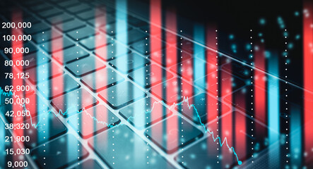 Financial stock market graph with laptop photo as background. Concept business and financial investment. Forex chart.