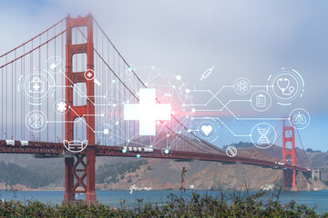 The iconic view of the Golden Gate Bridge from South side at day time, San Francisco, California, United States. Health care digital medicine hologram. The concept of treatment and disease prevention