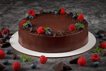 Chocolate cake. Glazed homemade pastry.