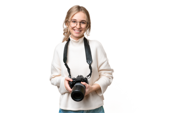 Young photographer English woman over isolated background keeping the arms crossed in frontal position
