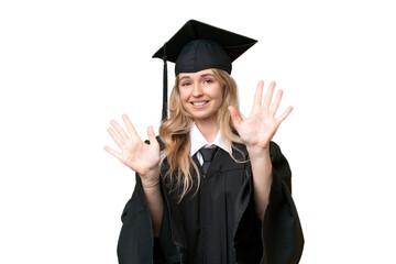 Young university English graduate woman over isolated background counting ten with fingers