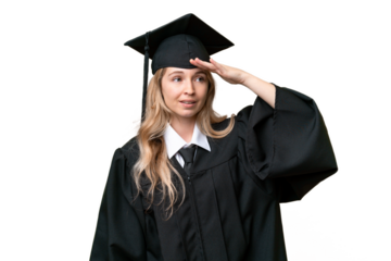 Young university English graduate woman over isolated background looking far away with hand to look something