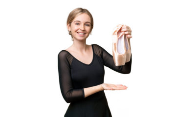 Young English woman practicing ballet over isolated background extending hands to the side for inviting to come