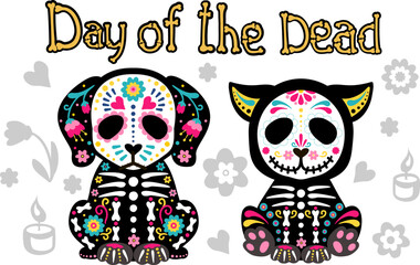 Day of the dead, Dia de los muertos. Cute dog and cat skulls and skeleton decorated. Mexican traditional symbols, elements and flowers. Fiesta, Halloween
