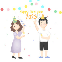 New year 2023 party people, love couple celebrating and happy Christmas