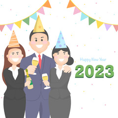 New year 2023 party people, team of office workers celebrating and happy Christmas