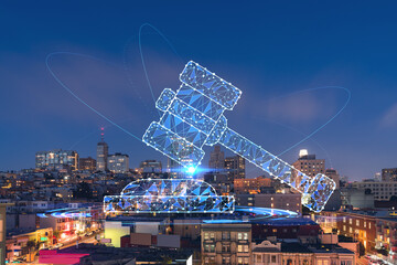 Roof top panoramic city view of San Francisco at night time, midtown skyline, California, United States. Glowing hologram legal icons. The concept of law, order, regulations and digital justice