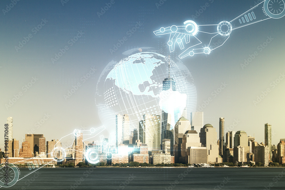 Aufkleber double exposure of abstract virtual robotics technology with world map hologram on new york city sky