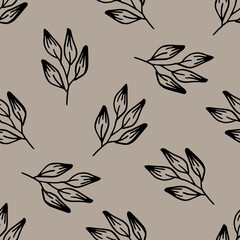 Simple black botanical leaves botanical seamless pattern on brown background