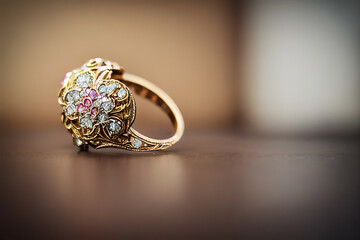 Beautiful golden ring with opals diamonds