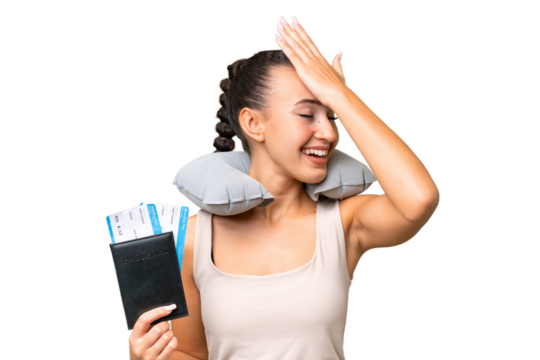 Young Arab woman with Inflatable Travel Pillow over isolated background has realized something and intending the solution