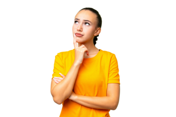 Young Arab woman over isolated background having doubts while looking up
