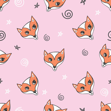 Seamless pattern. Cute red animal baby fox on pink. Vector print for baby girl. Wrapping paper pattern.