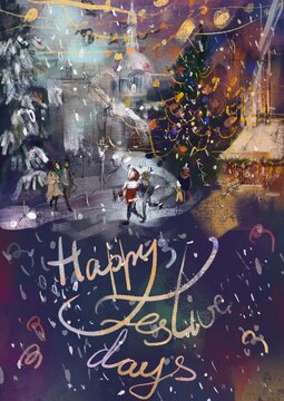Happy festive days postcard and background with night city street, people, trees, houses, lights with lettering wishing © Elena