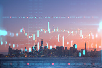 Skyline of San Francisco Panorama city view at Illuminated sunset from Treasure Island, California, S. Forex candlestick graph, charts hologram. The concept of internet trading, brokerage, analysis