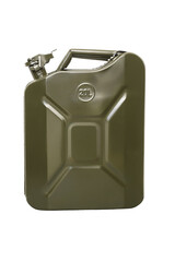 Fuel container jerrycan. Canister for gasoline, diesel gas.Fire resistant storage tank. Green metal canister