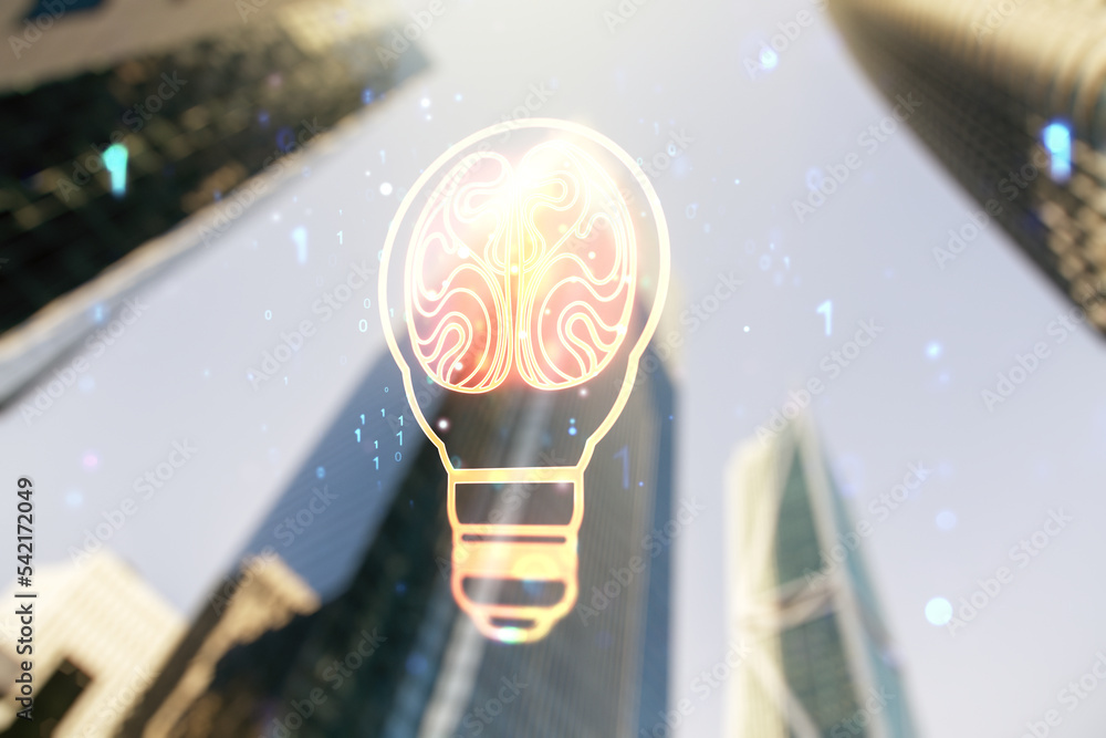 Aufkleber Double exposure of abstract virtual creative light bulb hologram with human brain on modern skyscrapers background, idea and brainstorming concept