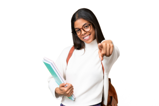Young African American student woman over isolated background pointing front with happy expression