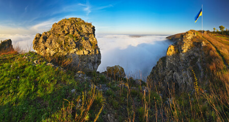 fog in the canyon. Autumn morning in the Dniester river valley. Nature of Ukraine