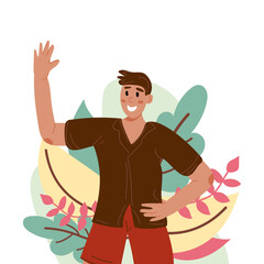 Smiling guy saying hello and waving with hand. Colored flat vector illustration