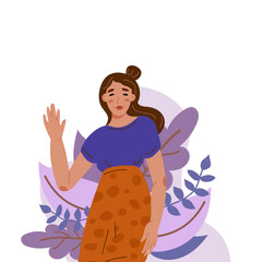 Happy woman smiling, waving hand, saying hi, hello nice to meet you, good bye, welcoming people with informal greeting gesture. Hand drawn flat vector illustration