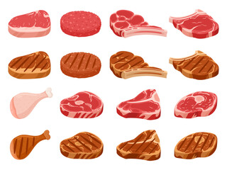 Cartoon raw and grilled meat steak, fresh burger patty. Roasted, grilled pork and beef steaks, raw meat semi-finished products flat vector illustration set. Butcher shop food