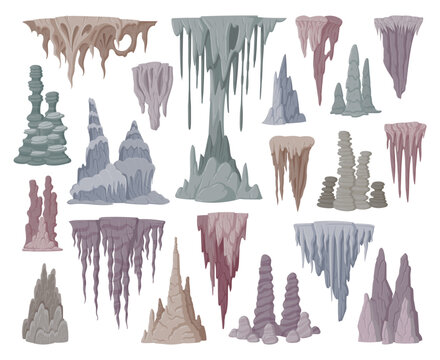 Stalagmite and stalactite limestone stones. Cartoon growth stalagmite formations, underground stalactite icicles flat vector illustration collection. Natural cave rocks set