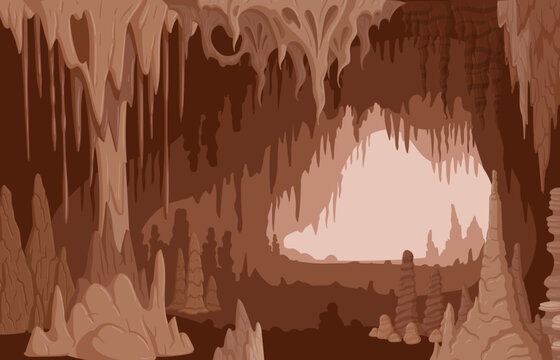 Cartoon Cave, Nature Limestone Stalactites And Stalagmites. Geology Mineral Formations, Growth Natural Rocks Flat Vector Illustration. Cave Limestone Formations View