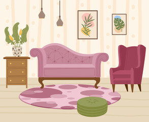 Flat modern living room interior, cozy apartment furniture. Cartoon trendy home furniture, comfy sofa, armchair and rug vector background illustration. Living room scene