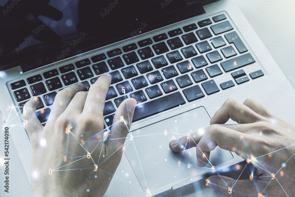 Aufkleber Creative concept of wireless technology and hands typing on laptop on background. Big data and database concept. Multiexposure