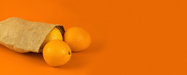 Banner. Oranges in a natural burlap bag on an orange background. Layout with copy space. Concept...