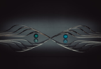 graphic composiiton with forks and two blue balls, we see the reflection