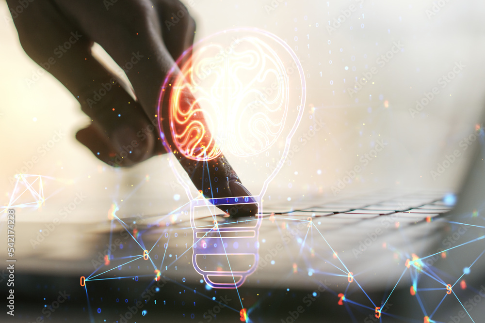 Aufkleber double exposure of creative light bulb hologram with human brain and with hands typing on laptop on 