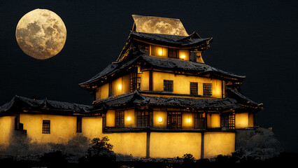 Fantasy scene of the castle in the darkest moonlights. Digital illustration, artwork.
