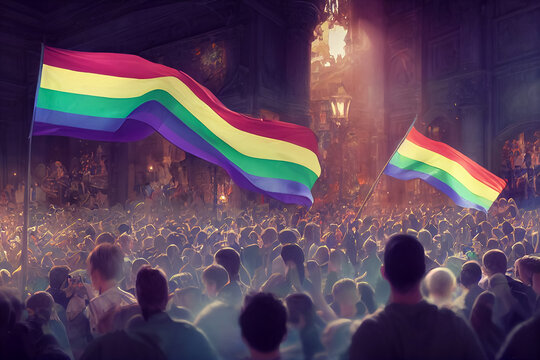 3d illustration of people celebrating gay pride event outdoors with raised flags